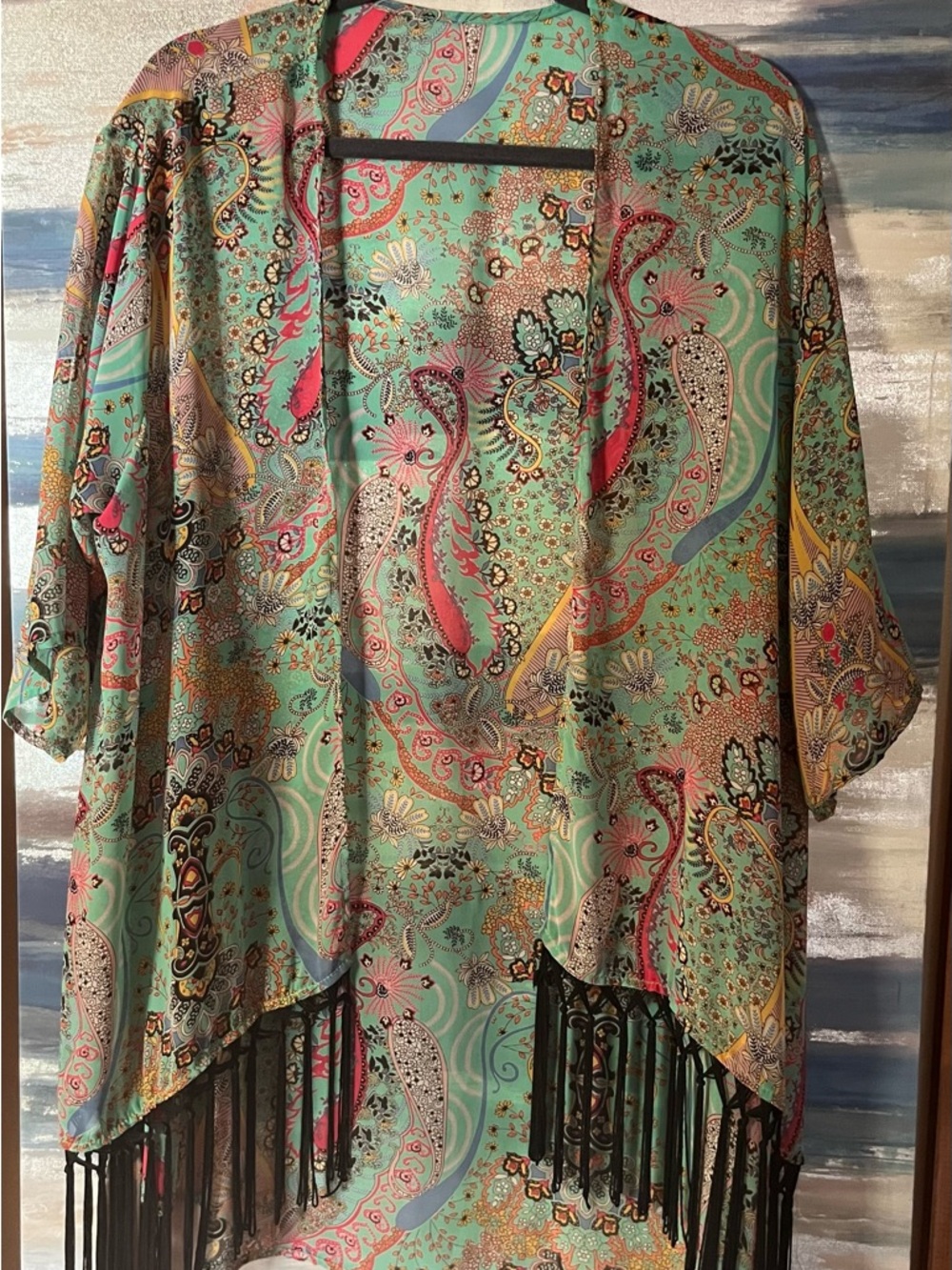 Mint Paisley Fringe Duster Kimono